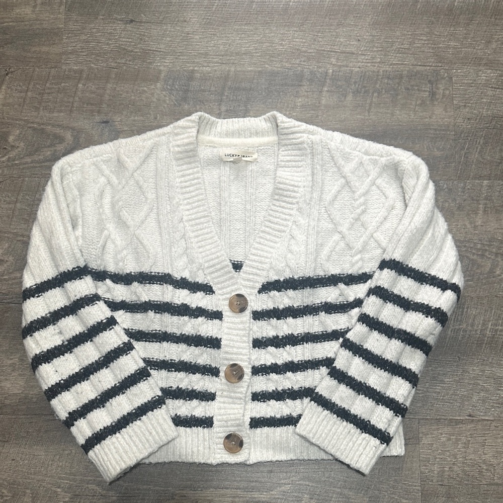 Lucky Brand White Cardigan with Black Stripes